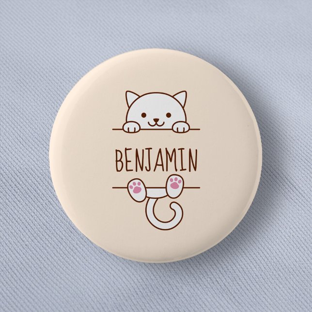 White Cat Peeking hinter Individuelle Name Button (Von Creator hochgeladen)