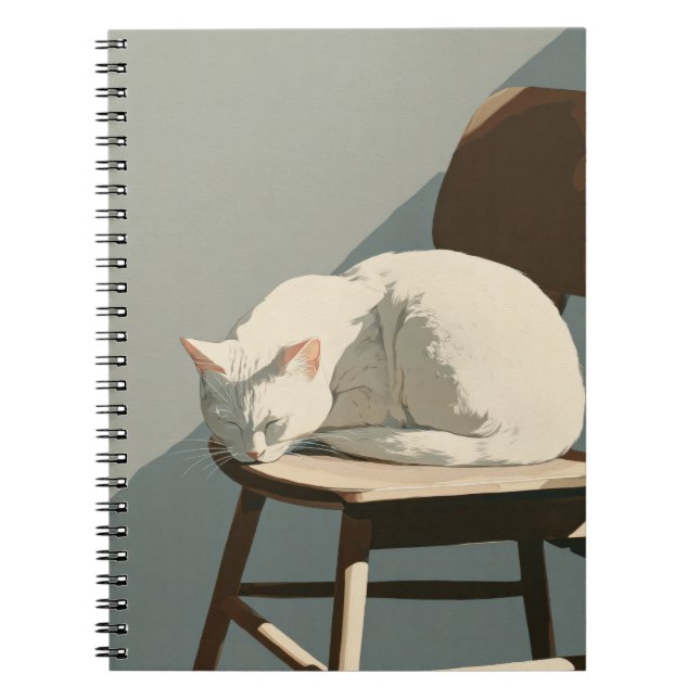 White Cat Sunbeam Holzstuhl Notebook Notizblock (Vorderseite)