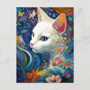 White Cat Surreal Schöne Fantasie Kunst Postkarte