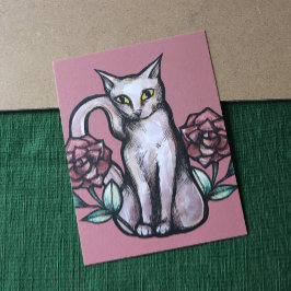 White Cat Vintage Rose Rose Weißes Kätzchen Kunst Postkarte