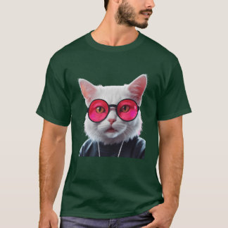 White Cat with Pink Glasses Cool T-Shirt