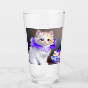 White Cat with Purple Flower Collar Painting Glas