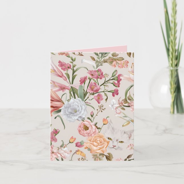 White Cats Pink Roses Floral Flat Thank You Card Karte (Vorderseite)