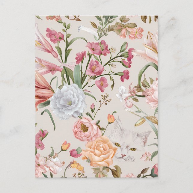 White Cats Pink Roses Floral Flat Thank You Card Postkarte (Vorderseite)