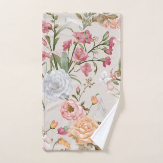 White Cats Pink Roses Floral Handtuch