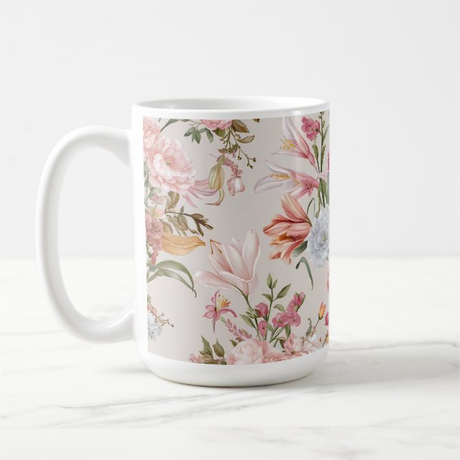 White Cats Pink Roses Floral  Kaffeetasse (Links)