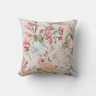 White Cats Pink Roses Floral Kissen