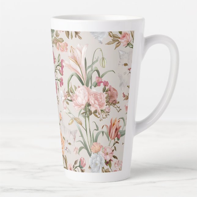 White Cats Pink Roses Floral  Milchtasse (Rechts)