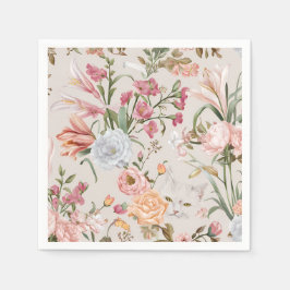 White Cats Pink Roses Floral Serviette