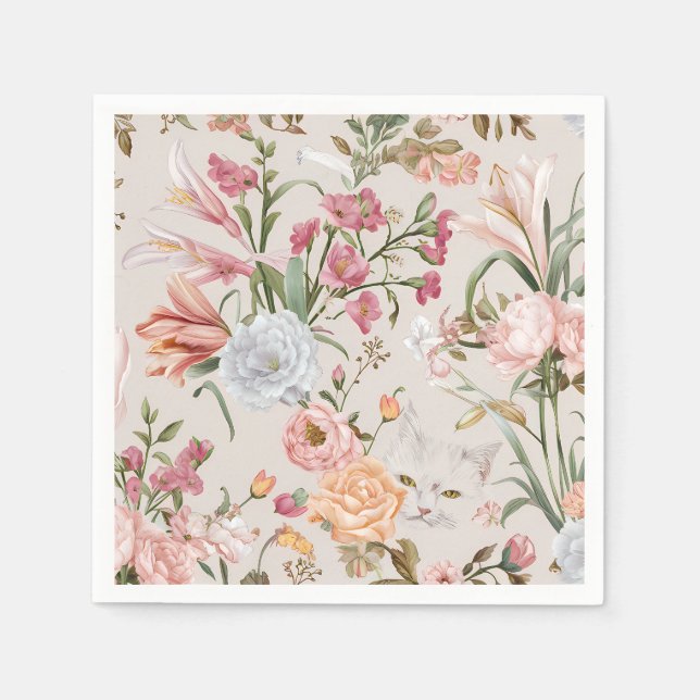 White Cats Pink Roses Floral  Serviette (Vorderseite)