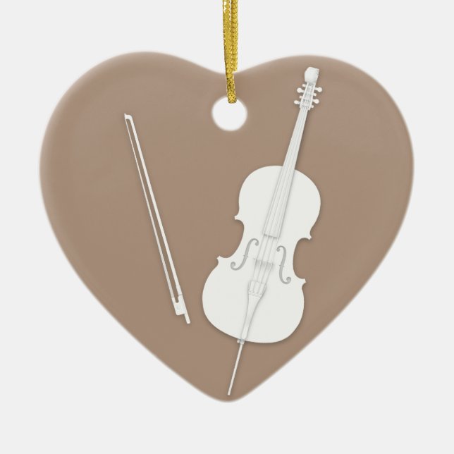 White Cello & Bow Kaffee Brown Custom Heart Keramik Ornament (Vorne)