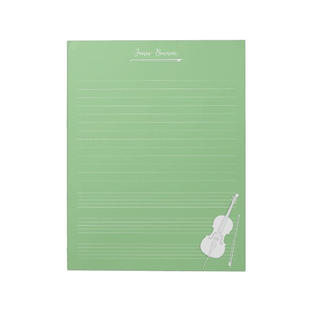 White Cello & Bow Personalisiert Music Class Green Notizblock (Rotiert)