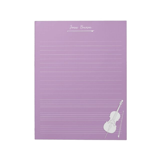 White Cello & Bow Personalisiert Music Class Lilac Notizblock (Rotiert)