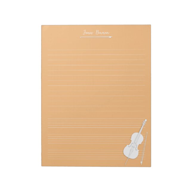 White Cello & Bow Personalisiert Music Class Orang Notizblock (Rotiert)