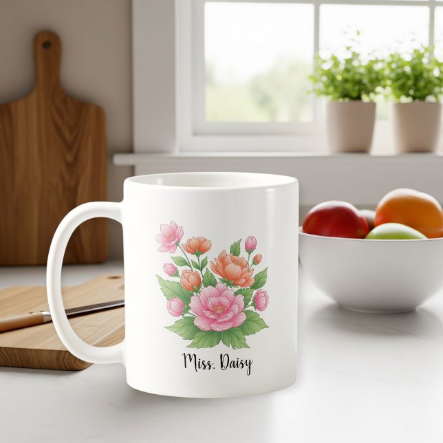 White Ceramic Personalized Mug with Floral Design  Kaffeetasse (Von Creator hochgeladen)
