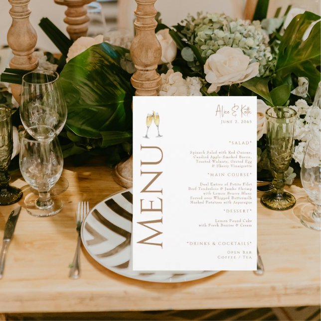 White Champagne Toast Gold Text Engagement Party Menükarte (Von Creator hochgeladen)
