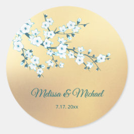 White Cherry Blossom Gold Runder Aufkleber