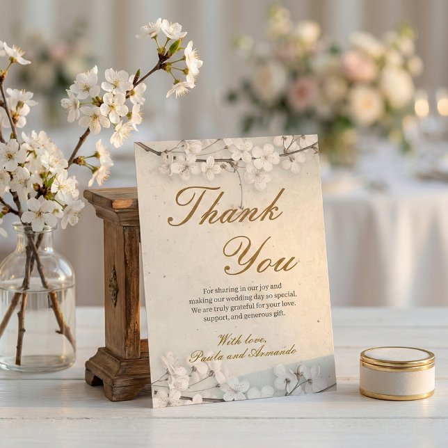 White Cherry Blossom & Gold Script Wedding Dankeskarte (Von Creator hochgeladen)
