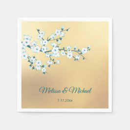 White Cherry Blossom Gold Serviette