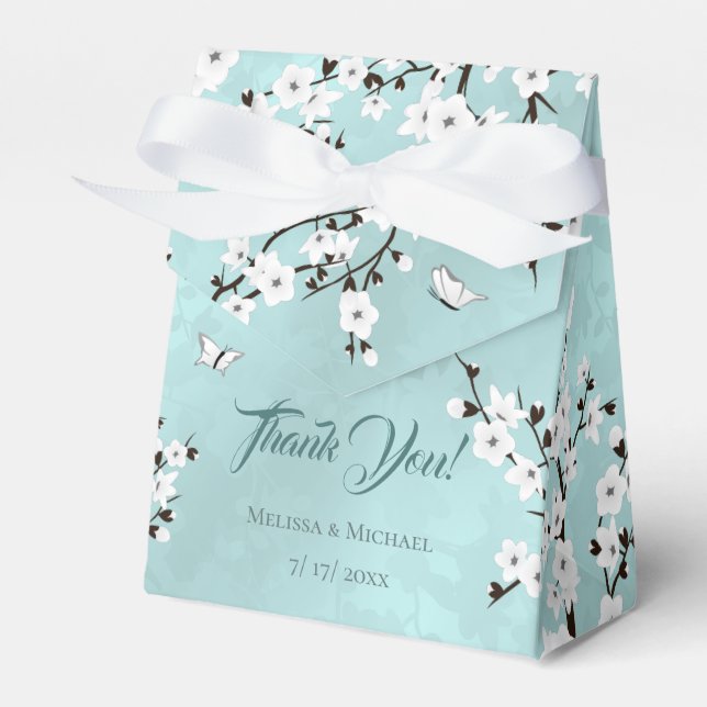White Cherry Blossom Ice Blue | Danke Hochzeit Geschenkschachtel (Vorderseite)