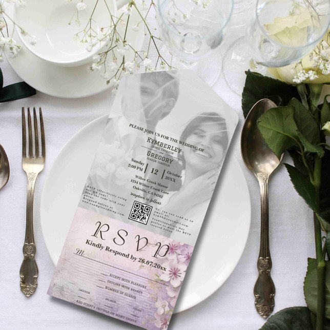 White Cherry Blossom Mauve Foto QR Code Website All In One Einladung (Von Creator hochgeladen)