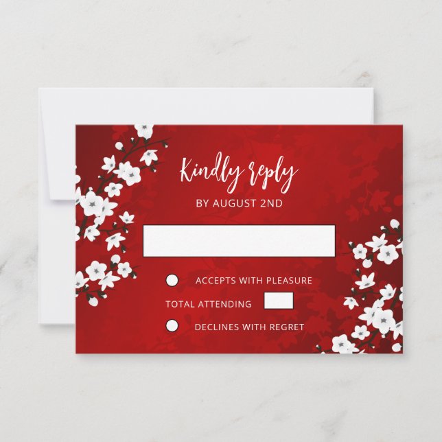 White Cherry Blossom Red RSVP Wedding Karte (Vorderseite)