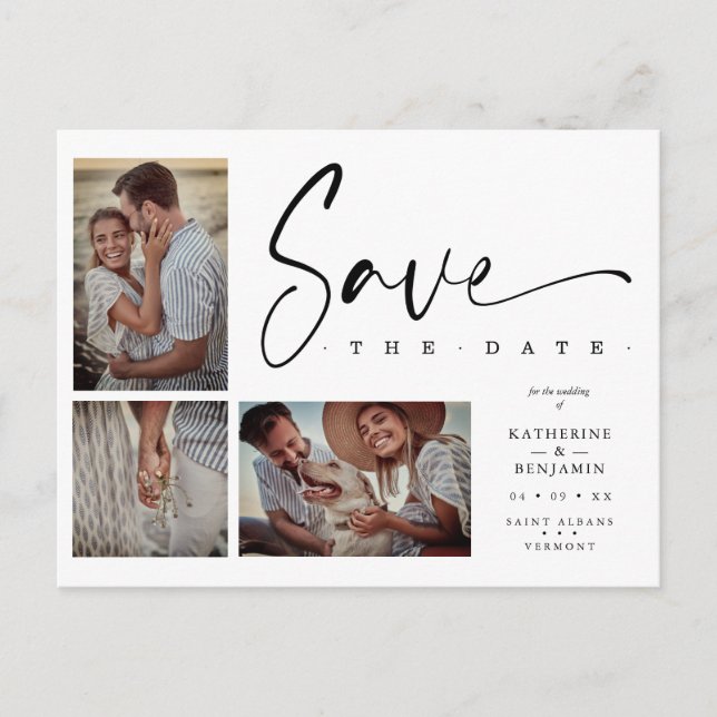 White Chic Trendy Collage Wedding 3 Fotos Postkarte (Vorderseite)