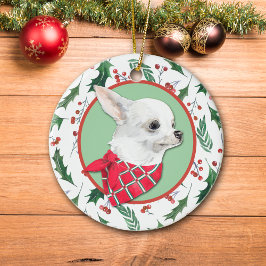 White Chihuahua Dog Holly Border Keramik Ornament