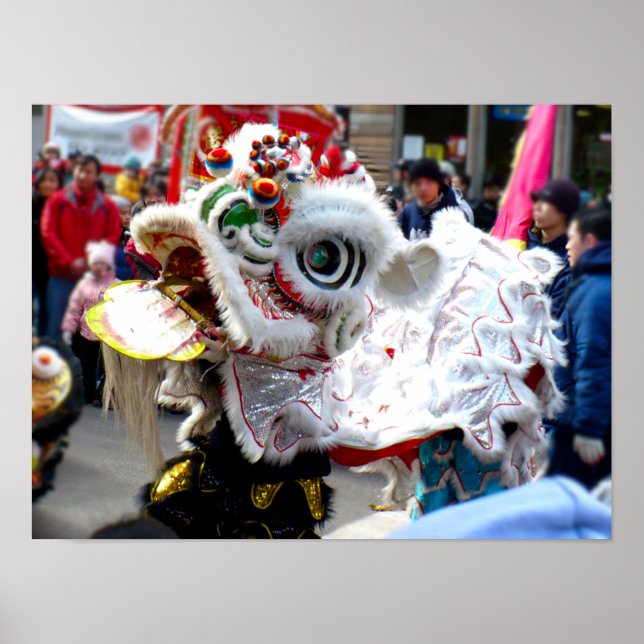 White Chinese Lion Dancer Chinatown Poster (Vorne)