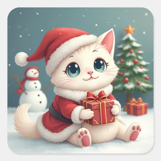 White Christmas Cat Button Quadratischer Aufkleber (Vorderseite)