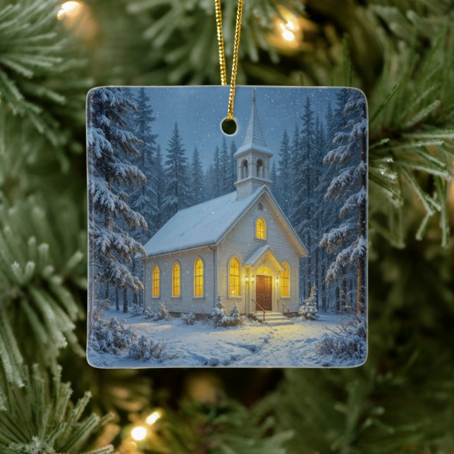 White Christmas Chapel In Winter Pines Keramikornament (Baum)