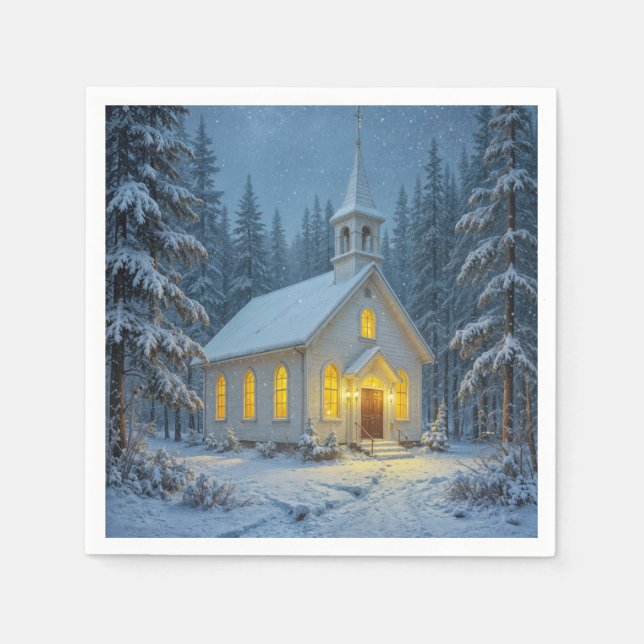White Christmas Chapel In Winter Pines Serviette (Vorderseite)