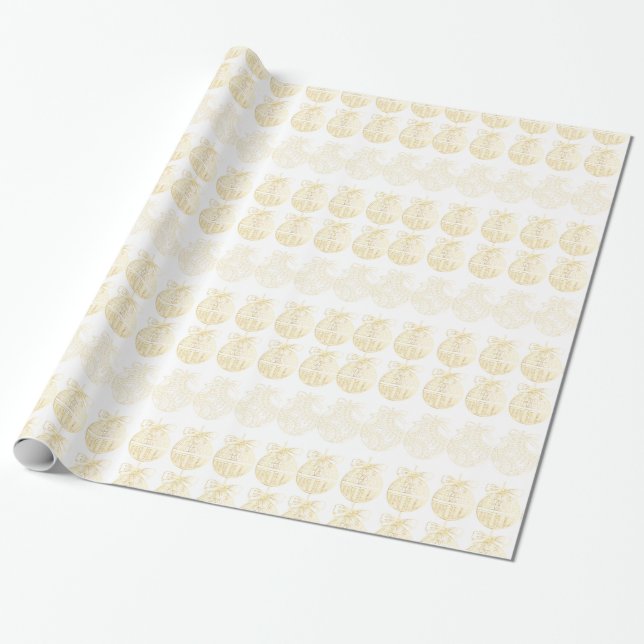White Christmas Gift Wrap with Gold Ornaments Geschenkpapier (Ungerollt)