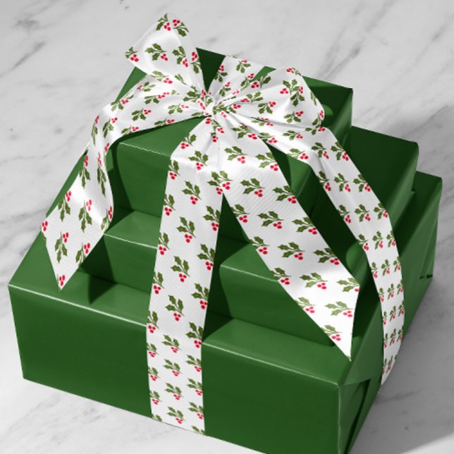 White Christmas Holly Sprigs Holiday Satinband (white holiday gift ribbon with pattern of green holly leaves and red berries)