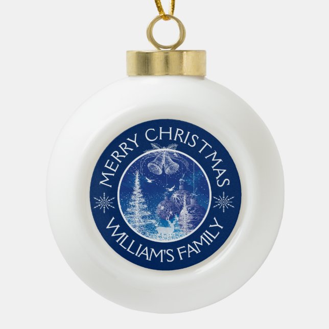 White Christmas Midnight Blue Ornaments Keramik Kugel-Ornament (Vorderseite)