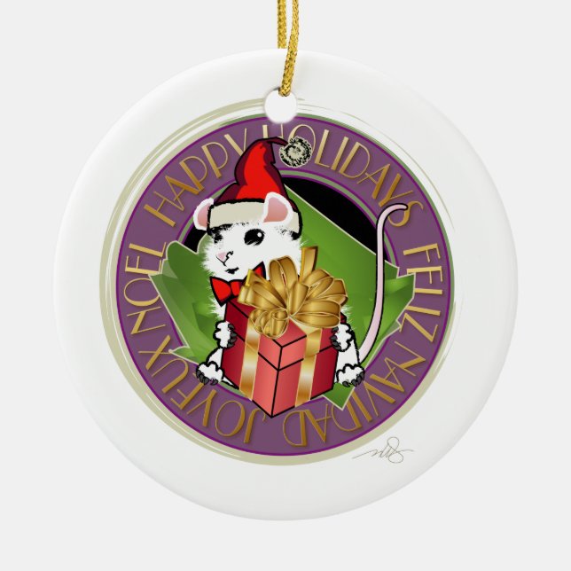 White Christmas Mouse Holiday Gruß Keramik Ornament (Vorne)