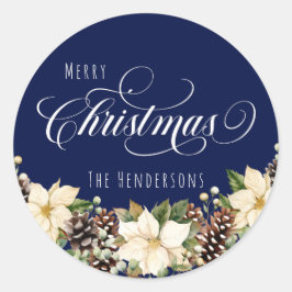 White Christmas Poinsettia blau Runder Aufkleber