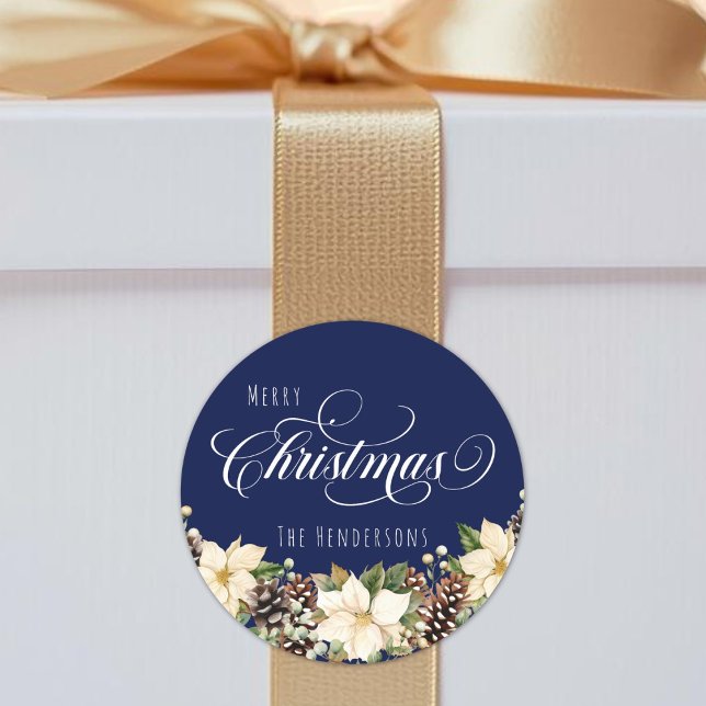 White Christmas Poinsettia blau Runder Aufkleber (White Christmas Poinsettia blue Classic Round Sticker)