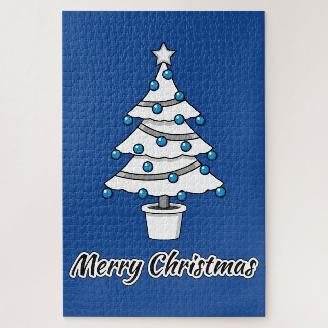 White Christmas Tree Blue Decorations - Frohe Weih Puzzle (Vertikal)