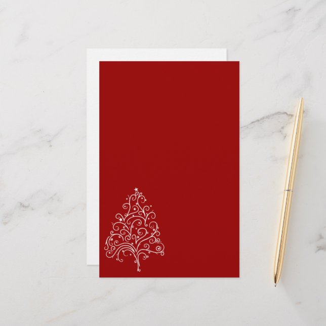 White Christmas Tree on Red Holiday Briefpapier (Vorderseite/Rückseite Beispiel)
