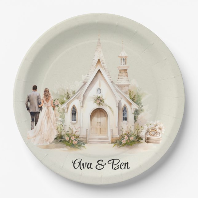 White Church Watercolor Wedding Pappteller (Vorderseite)