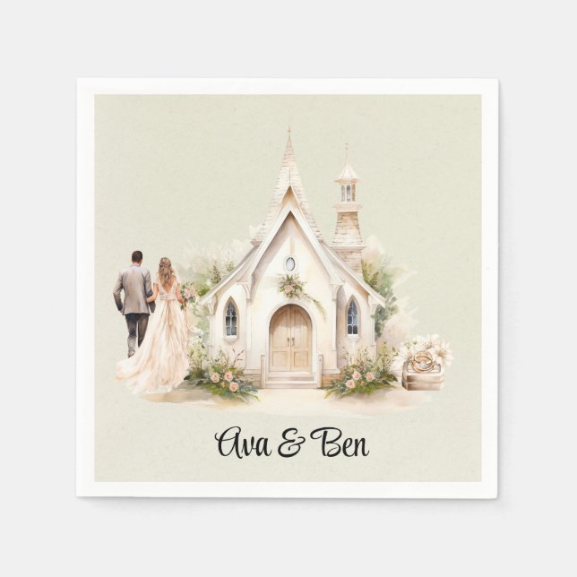 White Church Watercolor Wedding Serviette (Vorderseite)