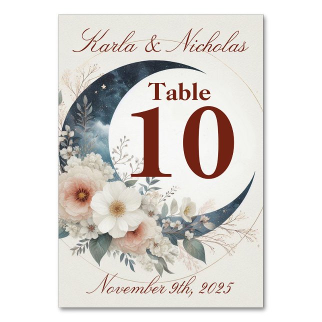White & Cinnamon Moonflower Wedding Tischnummer (Vorderseite)
