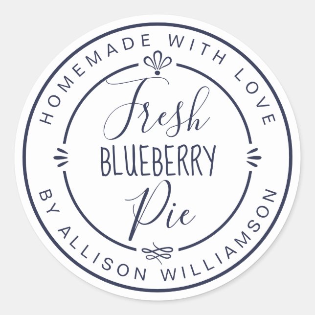 White Classic Homemade Blueberry Pie Label Runder Aufkleber (Vorderseite)