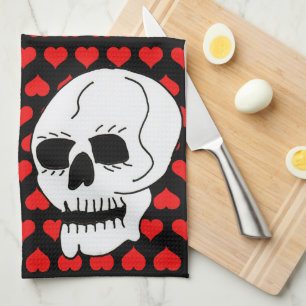 White Classic Skull Red Hearts Geschirrtuch