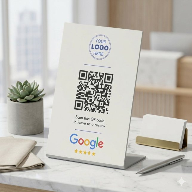 White Clean Google Review QR Code Logo Sockelschild (White Minimalist Google Review Sign | QR Code Pedestal Display for Business)