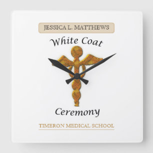 White Coat Ceremony Gold Medical, Square Gift Item Quadratische Wanduhr