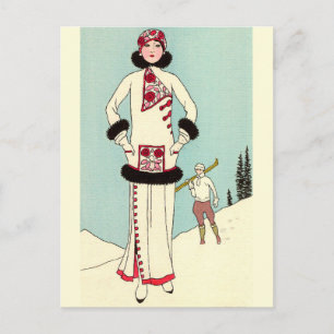 White Coat mit Skunk Trim von George Barbier Postkarte