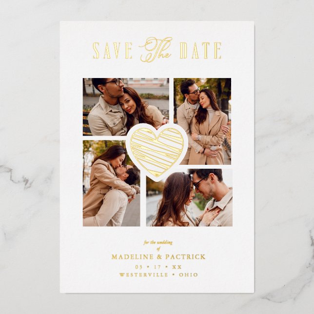 White Collage Wedding Golden Heart 4 Photos Real  Folieneinladung (Vorderseite)