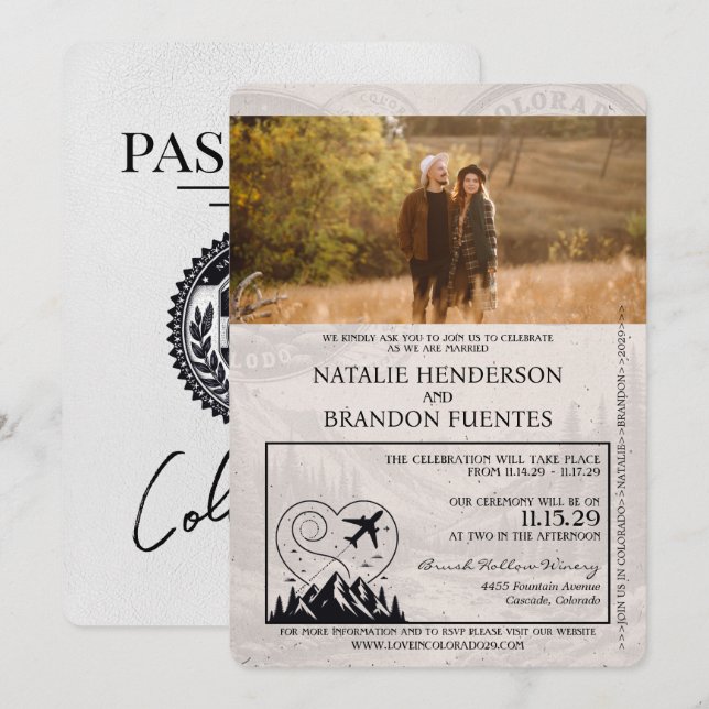 White Colorado Passport Wedding Einladung (Vorne/Hinten)
